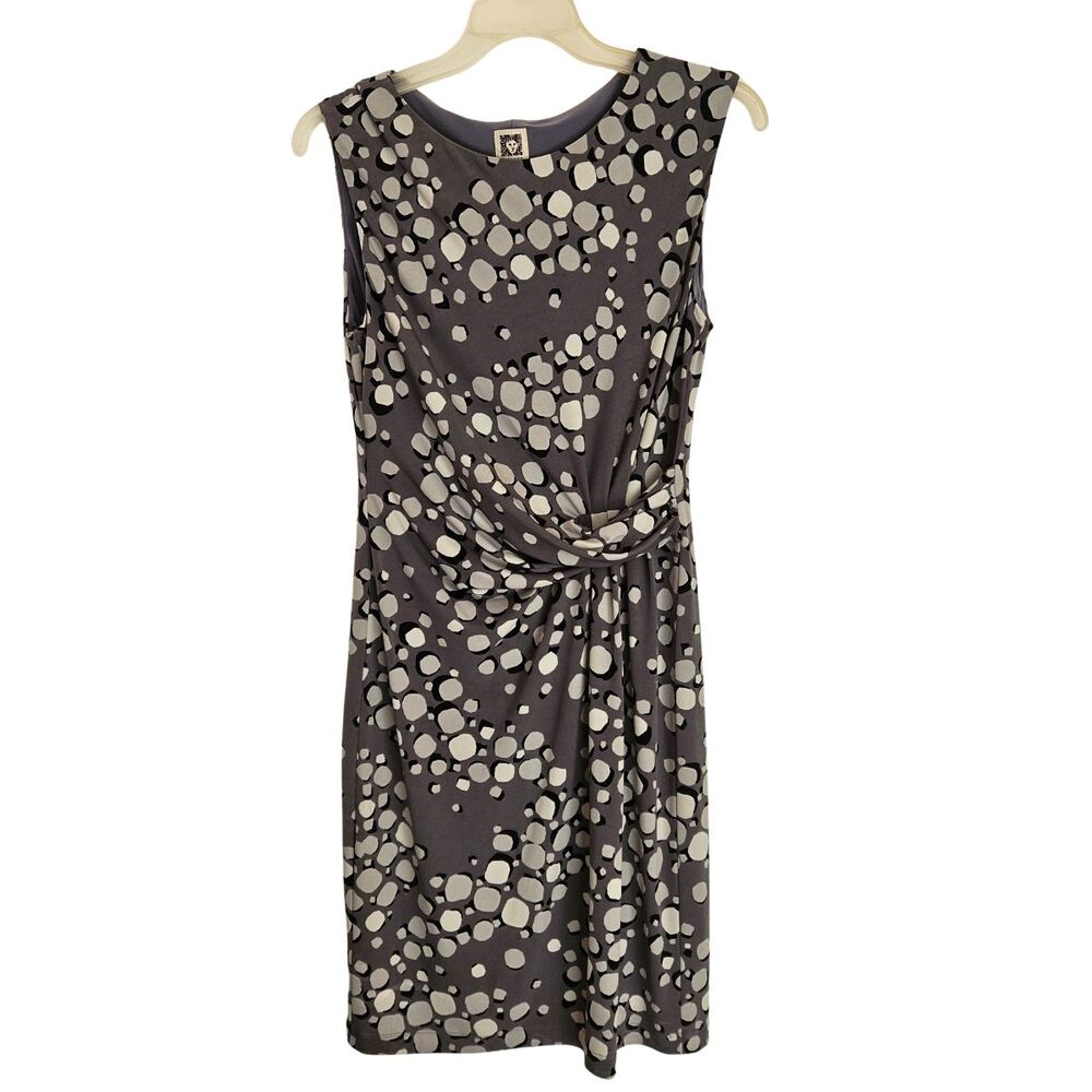 Anne Klein Dress Womens 10 Gray White Black Sleeveless Pebble Print Waist Ruche